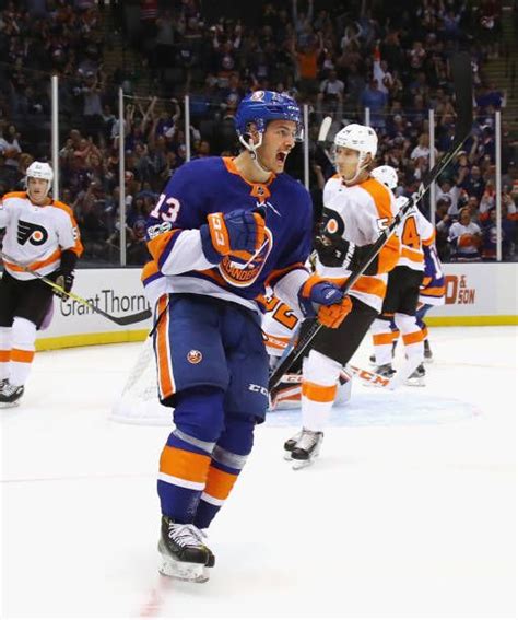 Mathew Barzal of the New York Islanders celeberates his goal against ...