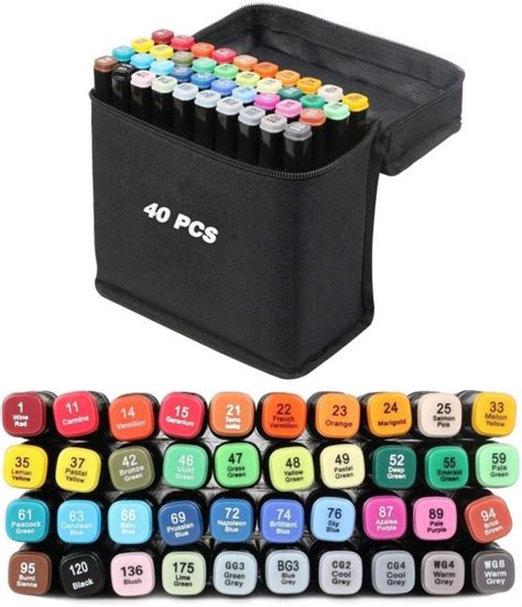 Vallteng 40 Colours Permanent Art Markers Twin Marker Pen Broad Fine Point Black Animation ...