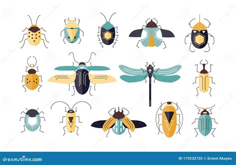 Bundle of Different Colorful Geometric Insects with Wings and Antennas Isolated on White ...