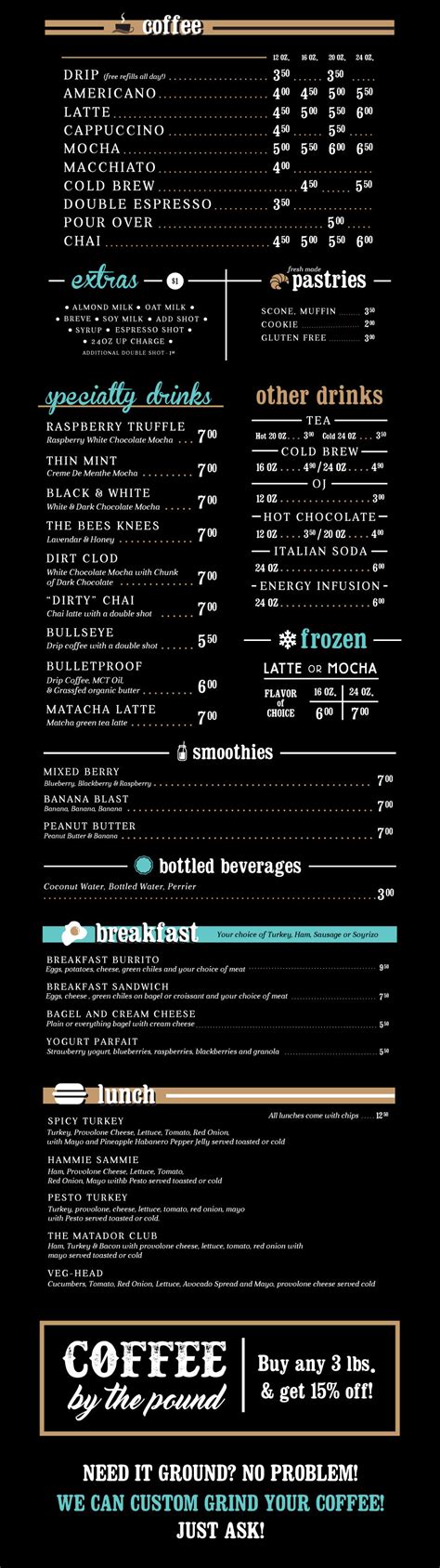 Menu | Matador Coffee In Store Menu