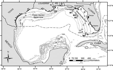 Map of the Gulf of Mexico (GOM). Depth contours are labeled in 20− ...