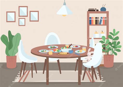 Premium Vector | Dining room flat color illustration. table with chair and food on plates. spot ...