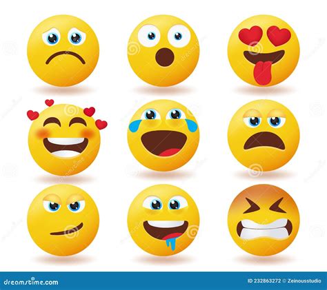 Smileys Emoji Reaction Vector Set. Emojis Smiley Yellow Faces Collection with Facial Expression ...