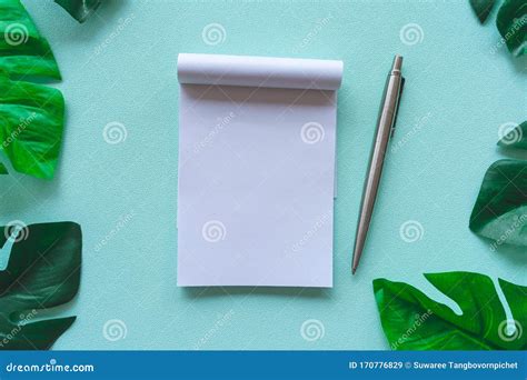 Top View of Blank Space White Notebook and Pen with Tropical Leaf As Frame Stock Image - Image ...