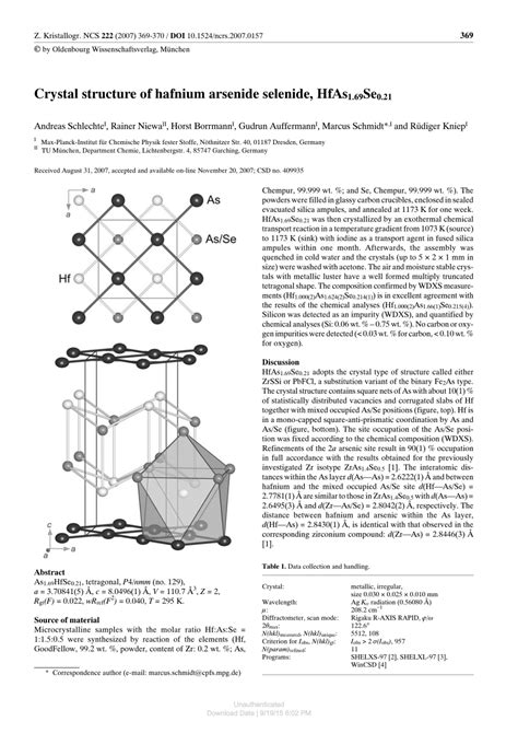 (PDF) Crystal structure of hafnium arsenide selenide, HfAs1.69Se0.21