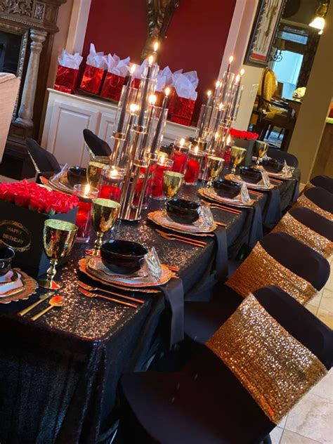 Black,gold and red dinner oartt table decor Birthday Dinner Party, Dinner Party Table, Birthday ...