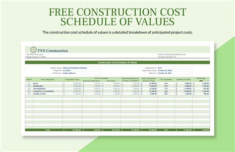 Construction Schedule Of Values Template Excel Free