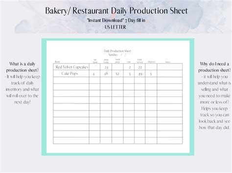 Daily Production Sheet Baking Foodrestaurant Bakery Printable Instant Downloadnew EASY Organized ...