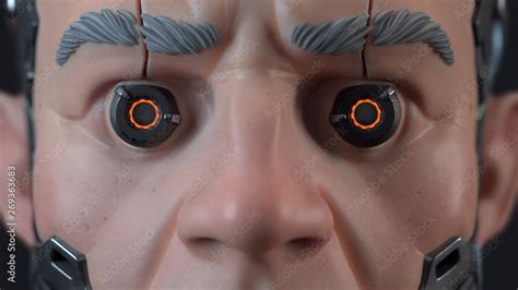 Close up head with cybernetic implants. Male cyborg face with gray ...