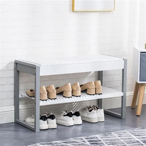 White Modern Bamboo Storage Bench with 2 Bins 31.5'' | Homary