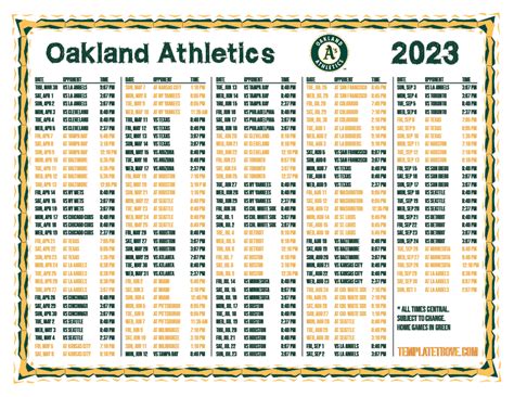 Printable 2023 Oakland Athletics Schedule