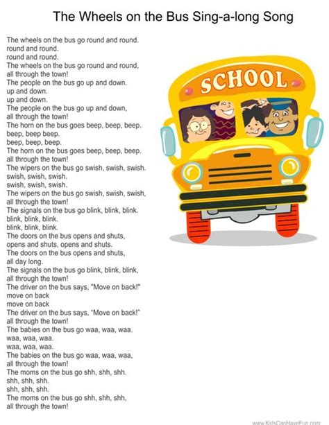 Wheels on the Bus Sing-a-long Poster | Kindergarten songs, Preschool ...