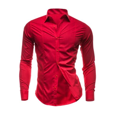 Men Shirts Red Mens Long Sleeve Shirt Casual Solid Color Shirts Slim ...