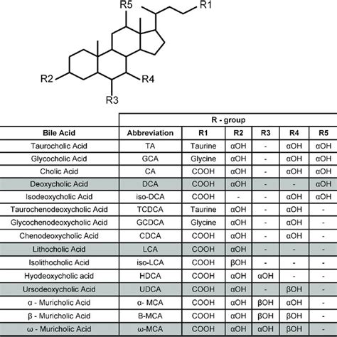 Structures of the bile acids discussed in this review. Shaded rows... | Download Scientific Diagram