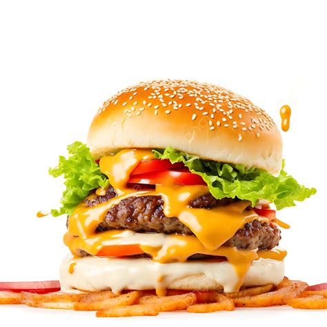 Delicious Burger With Many Ingredients Isolated On White Background Tasty Cheeseburger Splash ...