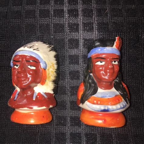 VINTAGE CERAMIC INDIAN Chief and Woman Bust Salt Pepper Shakers 3 1/2" Tall $19.95 - PicClick