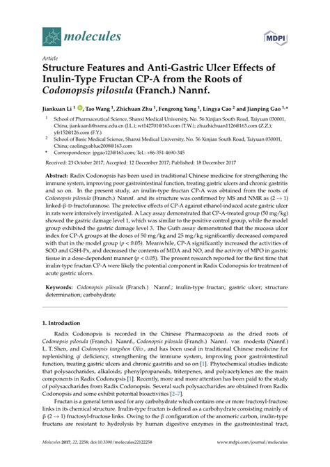 (PDF) Structure Features and Anti-Gastric Ulcer Effects of Inulin-Type Fructan CP-A from the ...