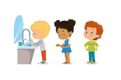 Hygiene Children Are Washing Their Hands Perspective Of Children Standing At The Wash Basin ...