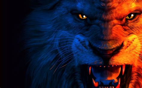 Download Growling Blue And Red Lion Laptop Wallpaper | Wallpapers.com