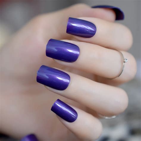 Indigo Blue Fake Nails UV Effect False Nails Full Cover Purple Blue Square Press on Faux Ongles ...