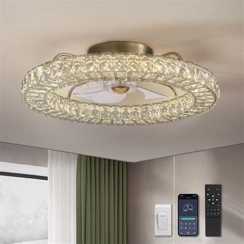 LUDOMIDE Flush Mount Ceiling Fan with Light, 22" Modern Crystal Chandelier Ceiling Fan Crystal ...