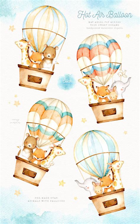 Hot Air Balloon Watercolor Clipart, Elephant Clipart, Moon, Woodland ...