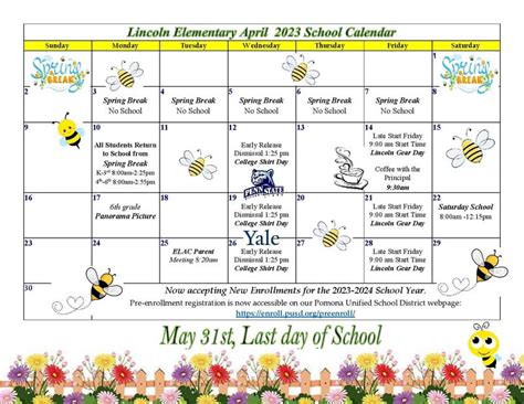 April Lincoln Elementary School Calendar | Lincoln Elementary School