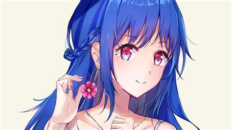 Pink Eyes Blue Hair Anime Girl With Flower Earring Anime Girl, HD wallpaper | Peakpx