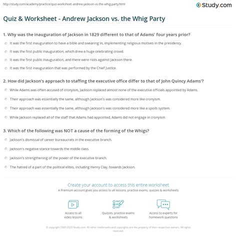 Quiz & Worksheet - Andrew Jackson vs. the Whig Party | Study.com