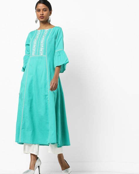 Buy AJIO Women Teal Green Embroidered Flared Kurta with Flounce Sleeves | AJIO | Flounce sleeve ...