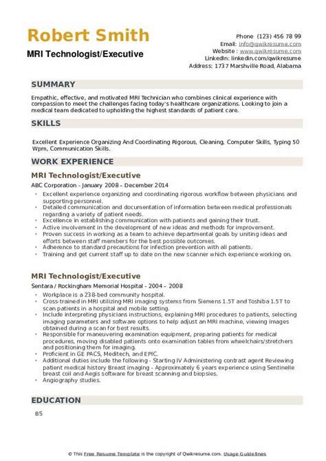 MRI Technologist Resume Samples | QwikResume