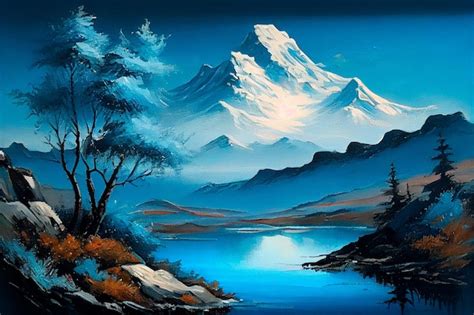 Premium Photo | A blue mountain painting a beautiful landscape hand ...