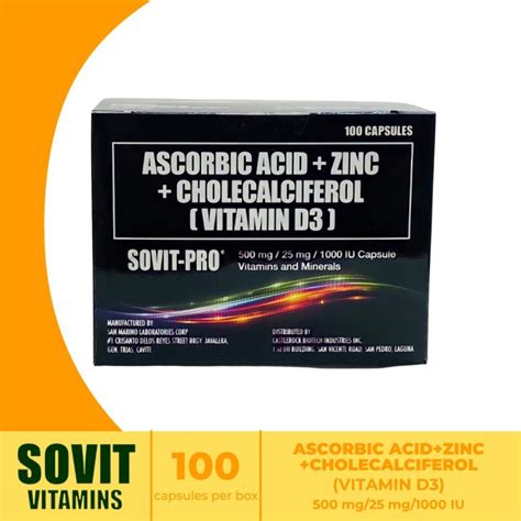 SOVIT-PRO ASCORBIC ACID+ZINC+CHOLECALCIFEROL Vit. D3 (100 caps) | Lazada PH