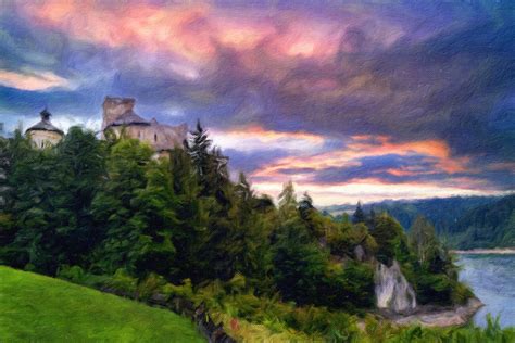 Illustrazione artistiche | Mysterious medieval castle by the mountain ...