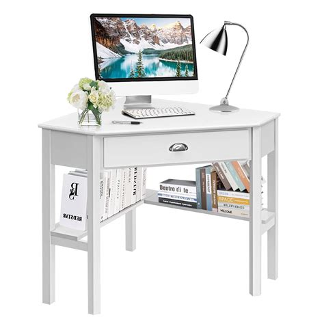 Buy Tangkula White Corner Desk with Drawer, Storage Shelves for ...