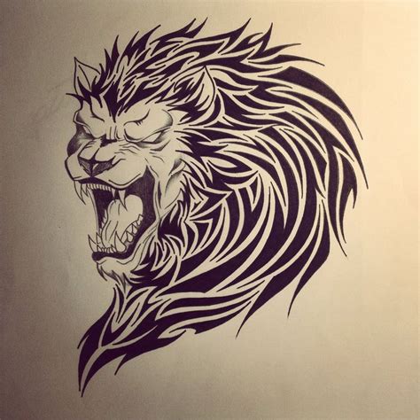 Scary roaring lion with tribal mane tattoo design - Tattooimages.biz