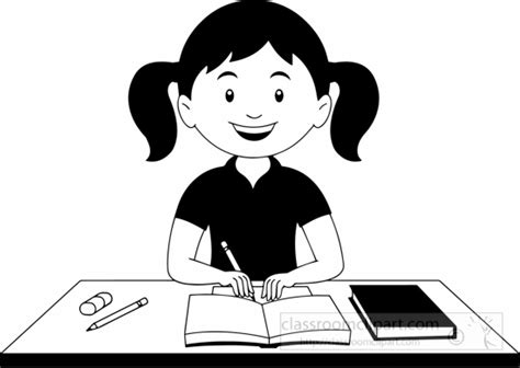 School Black and White Outline Clipart - black-white-girl-doing-study ...