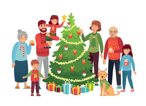 Cartoon christmas family portrait. Xmas tree decorations, happy people ...