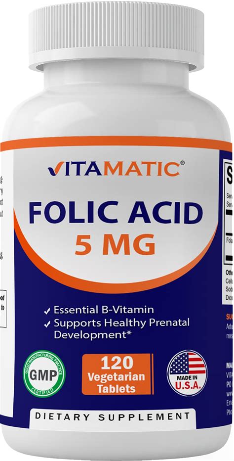 Vitamatic Folic Acid 5mg (5000 mcg) - 120 Vegetarian Tablets - (Vitamin ...