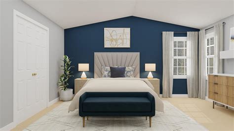 Contemporary Bedroom With A Blue Accent Wall | Spacejoy