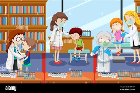 Scene with many kids get covid-19 vaccine and many doctors cartoon character illustration Stock ...