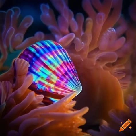 Seashell with psychedelic colors underwater on Craiyon