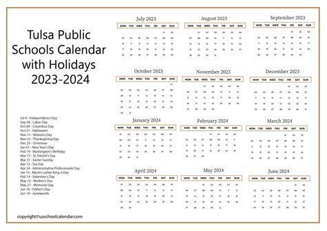 Tulsa Public Schools Calendar with Holidays 2023-2024