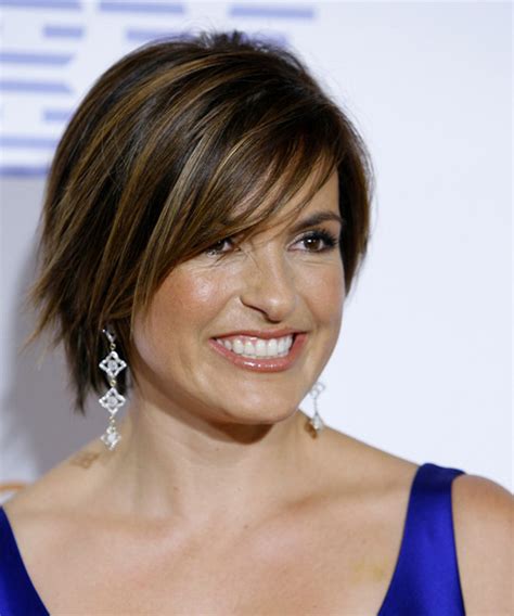 Mariska Hargitay Short Straight Casual Hairstyle with Side Swept Bangs - Dark Brunette Hair Color