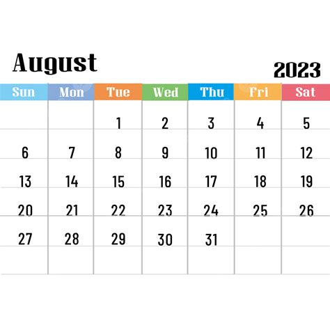 August 2023 Calendar PNG Transparent, 2023 August Calendar Color, 2023, Calendar, Calendar ...