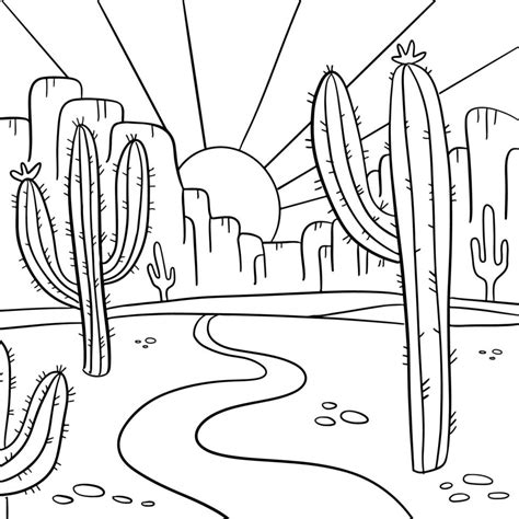 Coloring page with Arizona Desert landscape. Hand drawn black and white line desert with saguaro ...