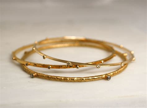 SET - 3 Solid Gold Diamond Bangle Bracelets in 18K Solid Gold | Diamond bangles bracelet ...