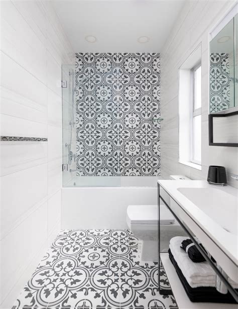 black and white bathroom design with Spanish tiles and open vanity ...