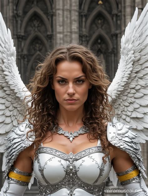 Muscular Female German Bodybuilder with Angelic Wings in Platinum Armor ...