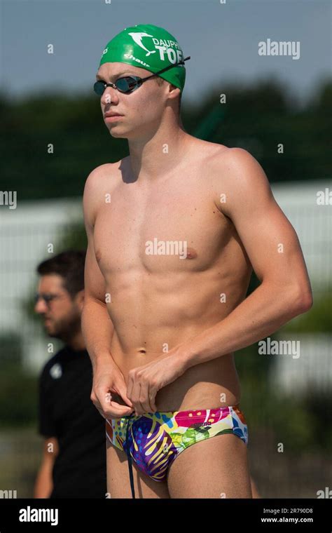 Leon Marchand trains during the Swimming French National Championships ...